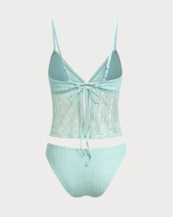 Green Lace V Neck Tankini Swimsuit