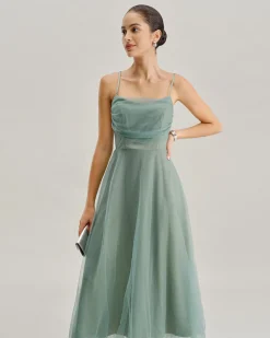 Green Mesh Flowy Slip Midi Dress