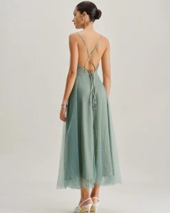 Green Mesh Flowy Slip Midi Dress