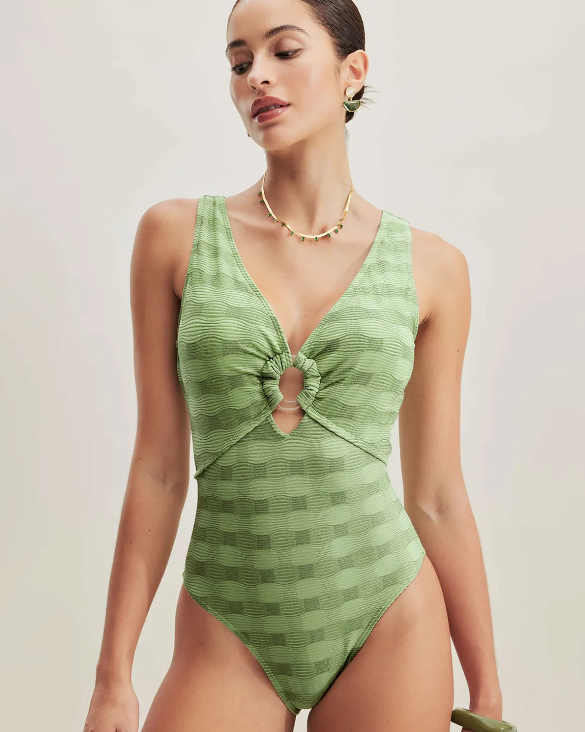 Green O-Ring Textured One-Piece Swimsuit