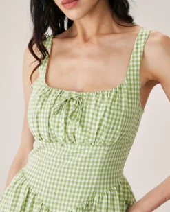 Green Plaid Ruched Slip Mini Dress
