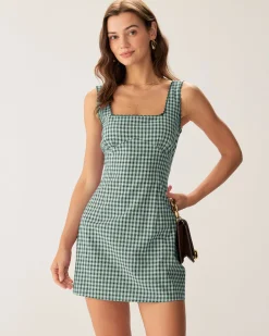 Green Plaid Square Neck Slip Mini Dress