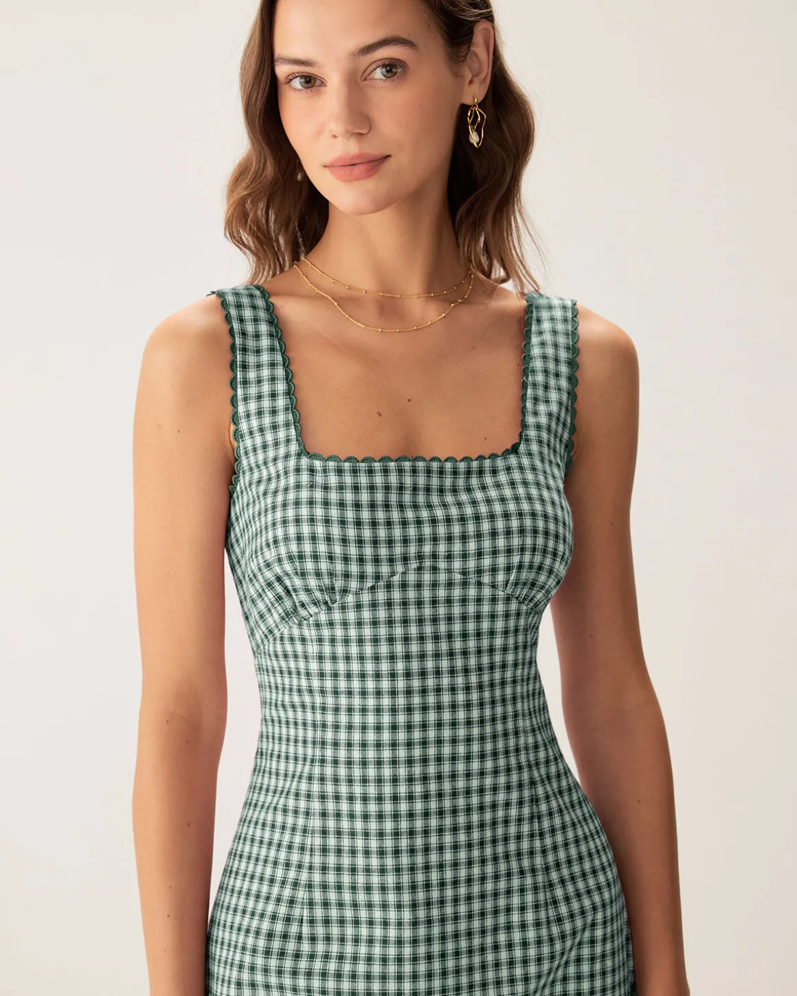 Green Plaid Square Neck Slip Mini Dress