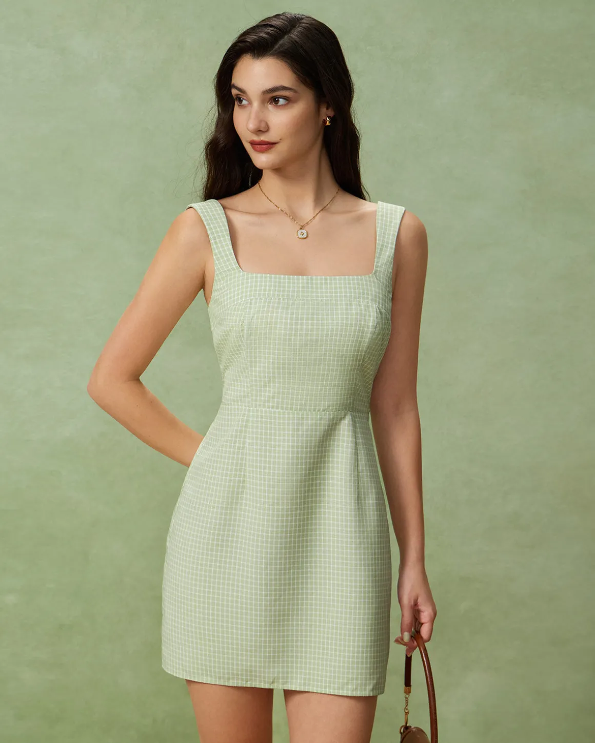Green Plaid Square Neck Shirred Slip Mini Dress