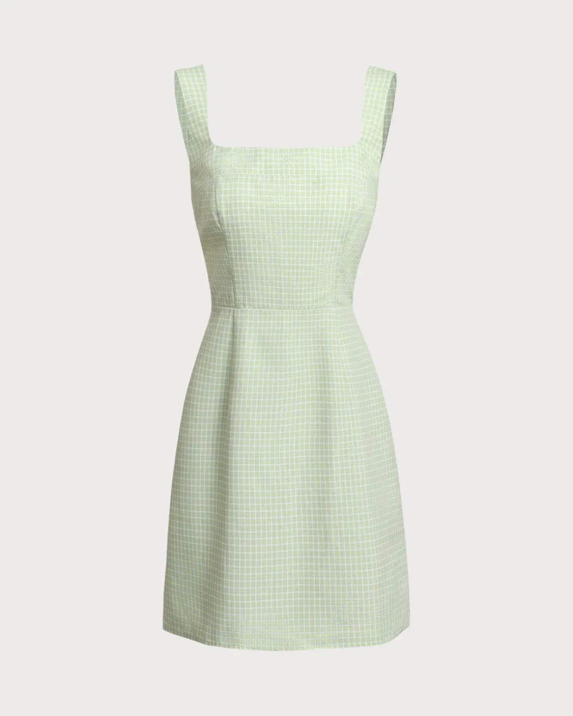 Green Plaid Square Neck Shirred Slip Mini Dress