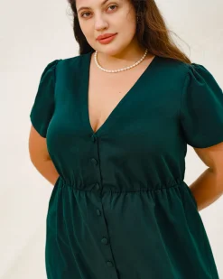 Green Puffed Sleeve Plus Size Mini Dress