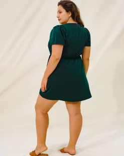 Green Puffed Sleeve Plus Size Mini Dress