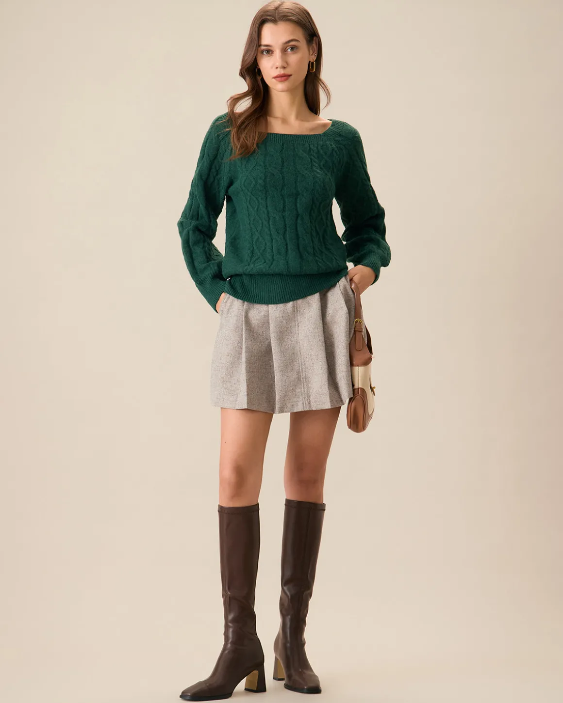 Green Romance Cable Knit Crew Sweater