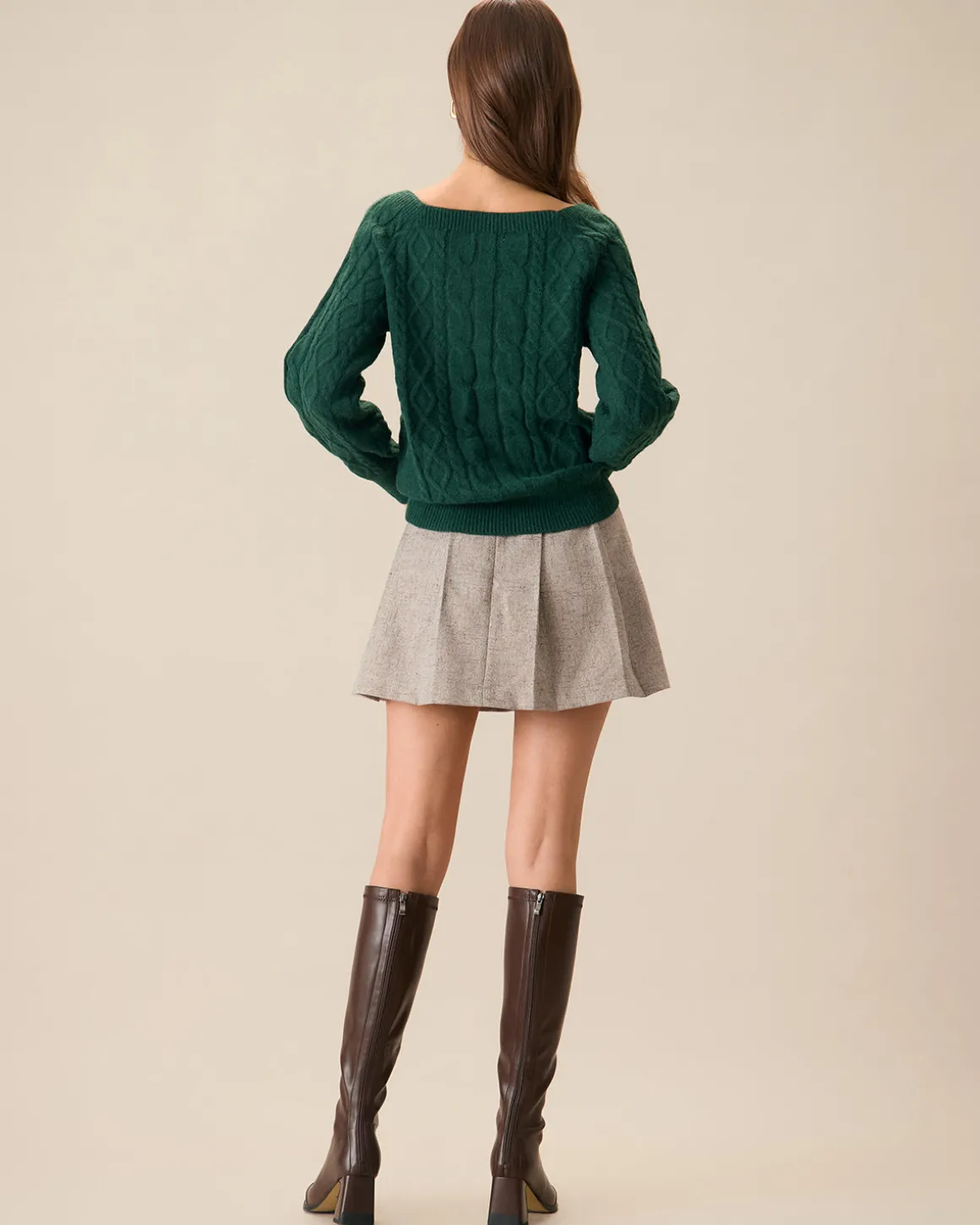 Green Romance Cable Knit Crew Sweater