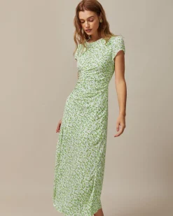 Green Round Neck Floral Midi Dress
