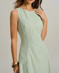 Green Round Neck Sleeveless Midi Dress