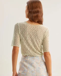 Green Round Neck Textured Half Sleeve Tee