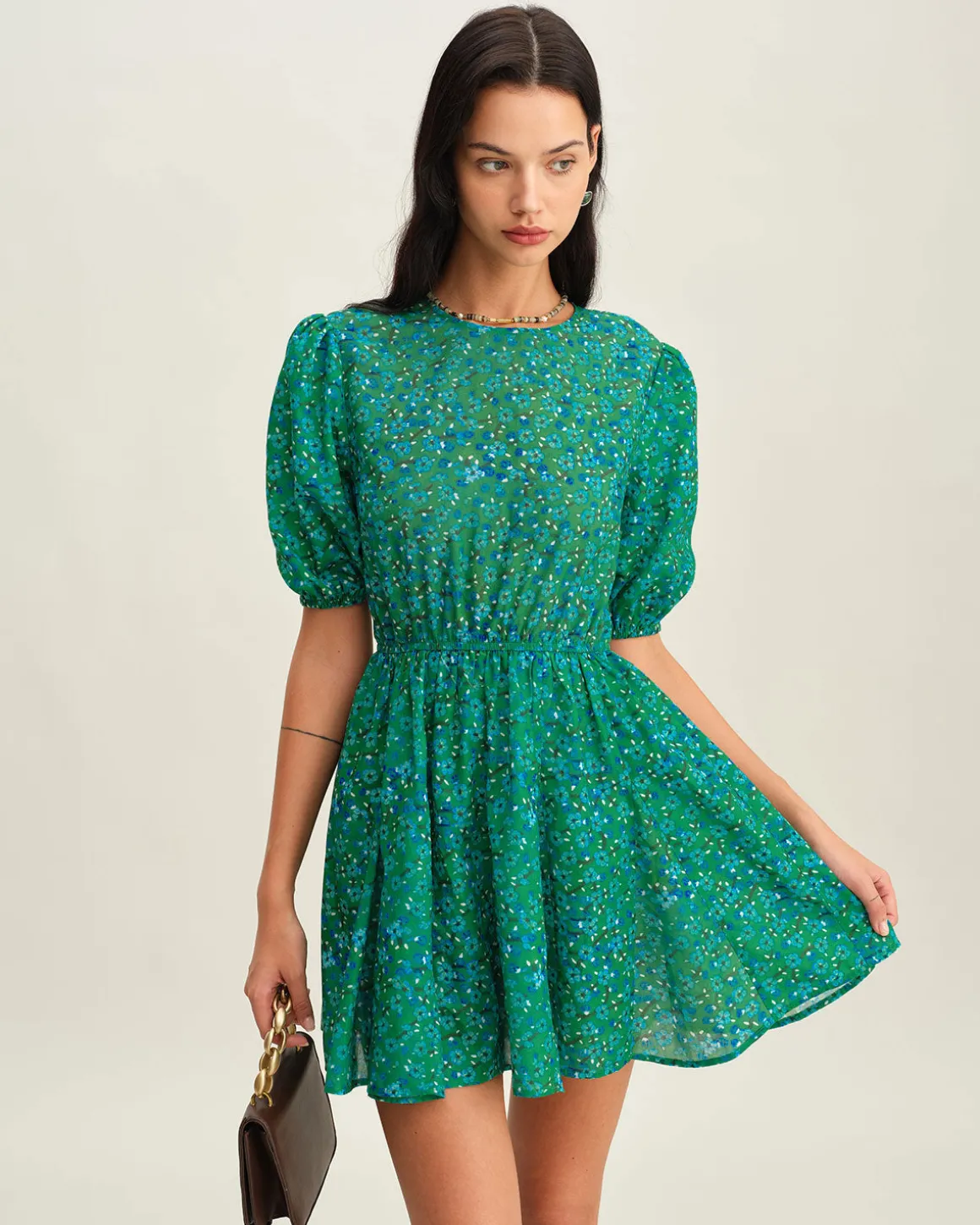 Green Ruched Elastic Waist Mini Dress