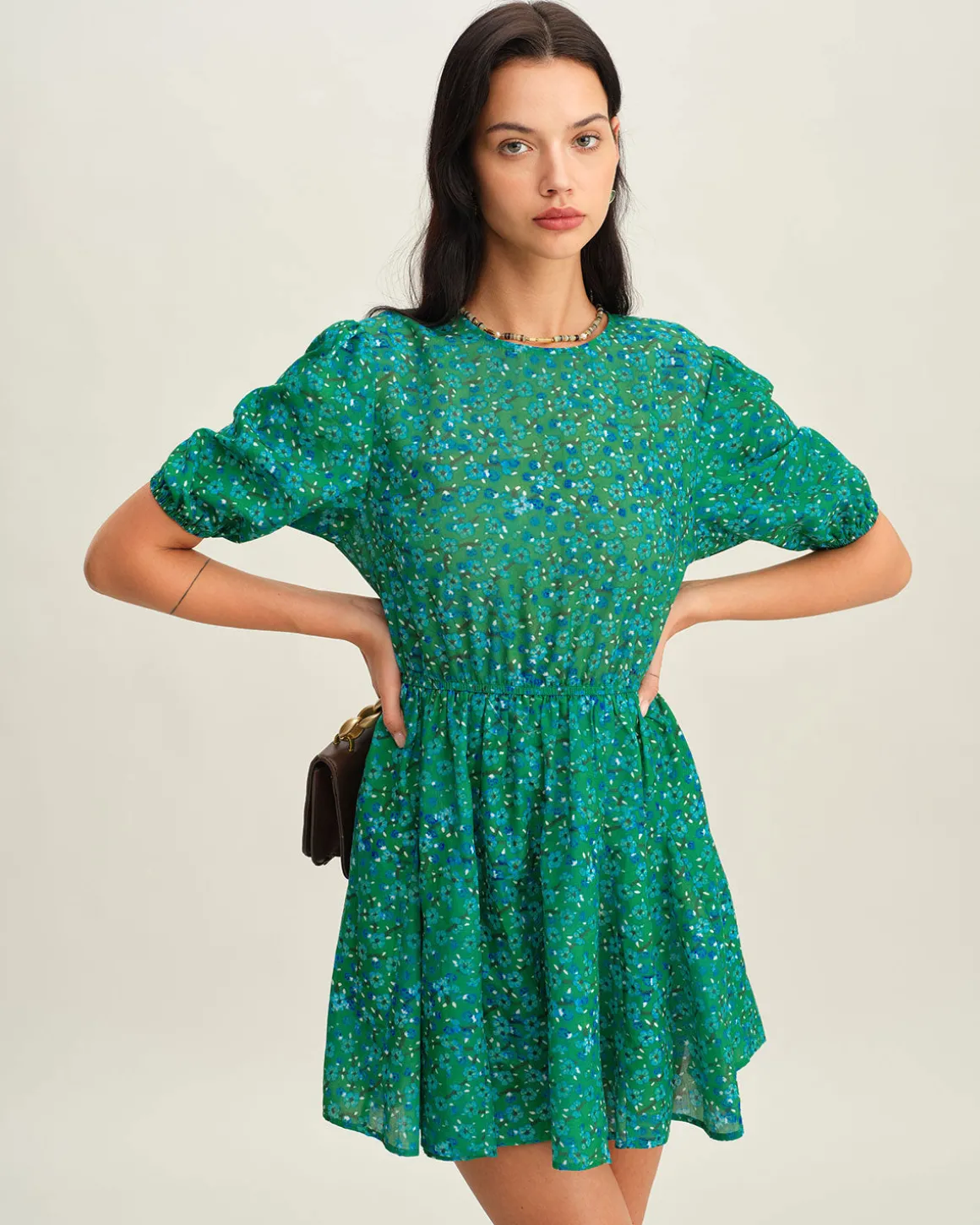 Green Ruched Elastic Waist Mini Dress