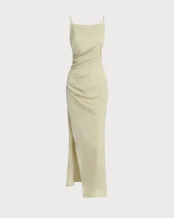 Green Ruched Slit Slip Maxi Dress