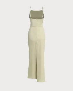 Green Ruched Slit Slip Maxi Dress