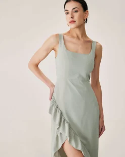 Green Ruffle Slit Slip Maxi Dress