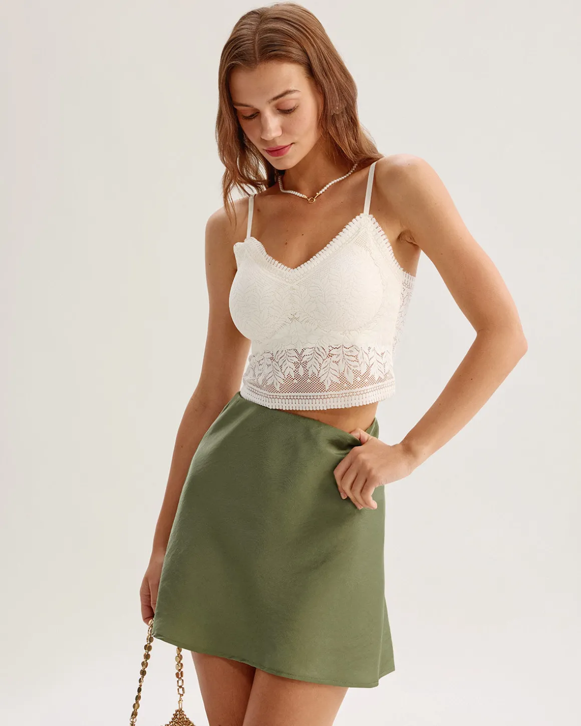 Green Satin Elastic Waist A-Line Mini Skirt