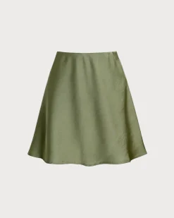 Green Satin Elastic Waist A-Line Mini Skirt
