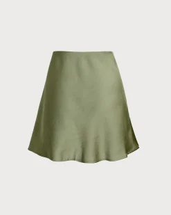 Green Satin Elastic Waist A-Line Mini Skirt
