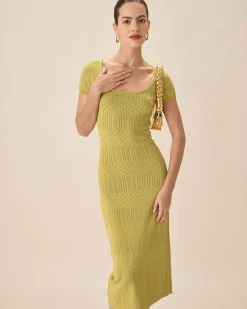 Green Square Neck Bodycon Midi Dress