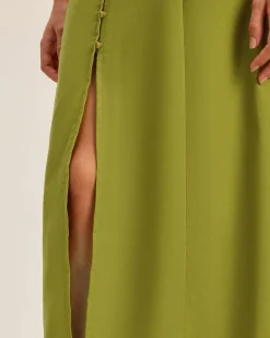 Green Square Neck Button Sleeveless Midi Dress