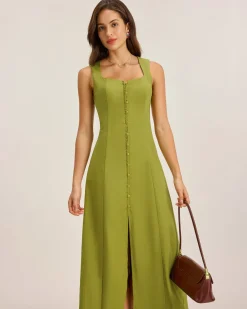 Green Square Neck Button Sleeveless Midi Dress