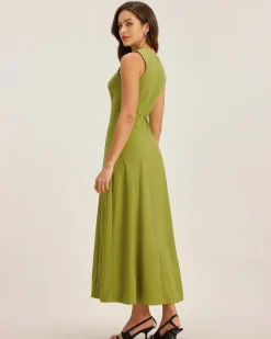 Green Square Neck Button Sleeveless Midi Dress