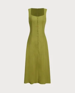 Green Square Neck Button Sleeveless Midi Dress