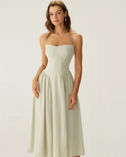 Green Square Neck Pocket Slip Midi Dress