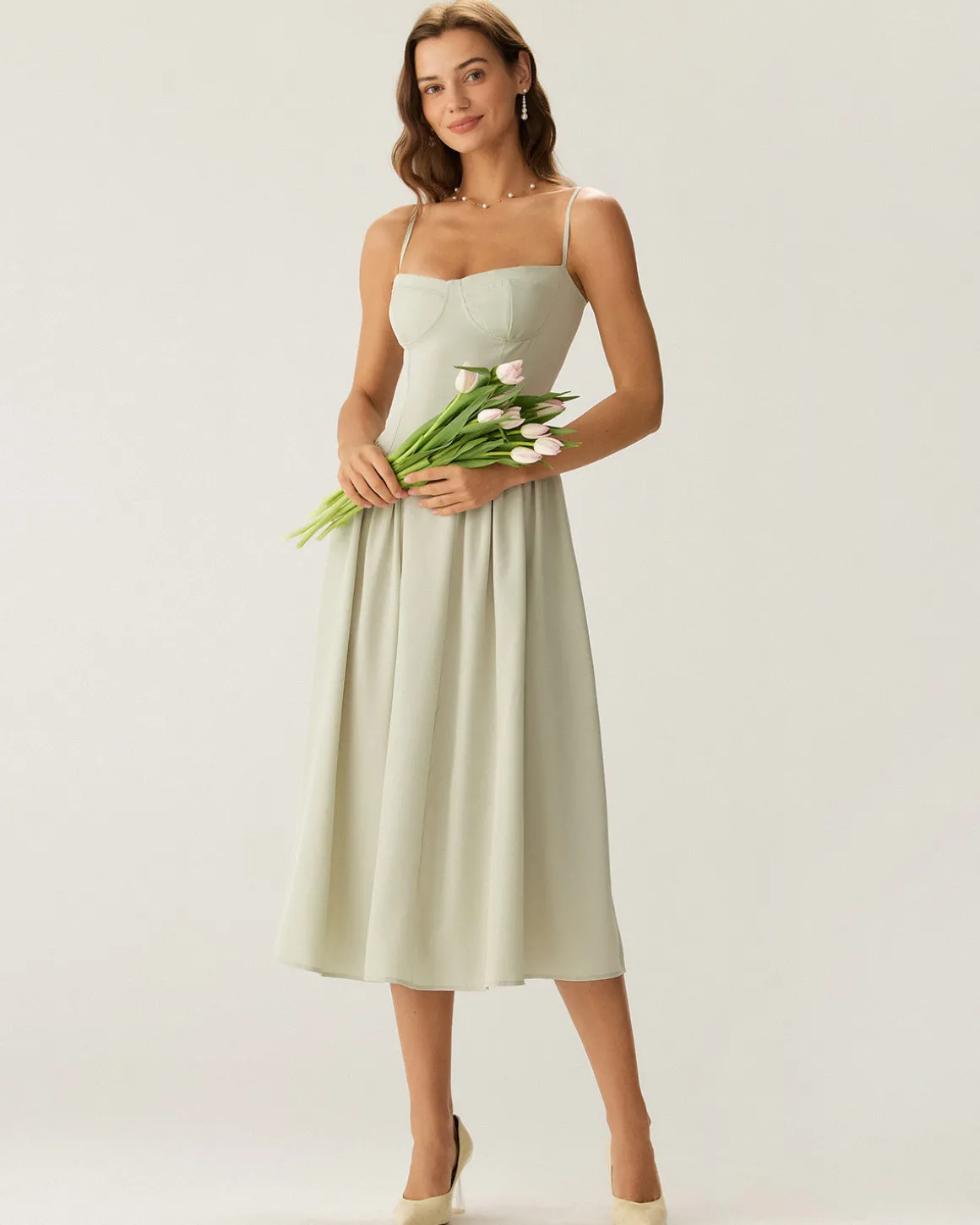 Green Square Neck Pocket Slip Midi Dress