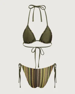 Green Striped Halter Triangle Bikini Set