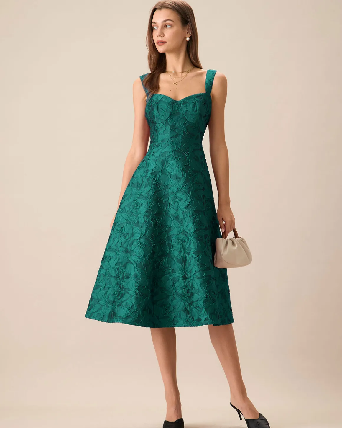 Green Sweetheart Neck Jacquard Midi Dress