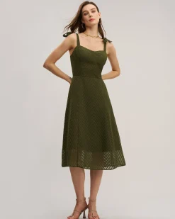 Green Sweetheart Neck Tie Strap Midi Dress