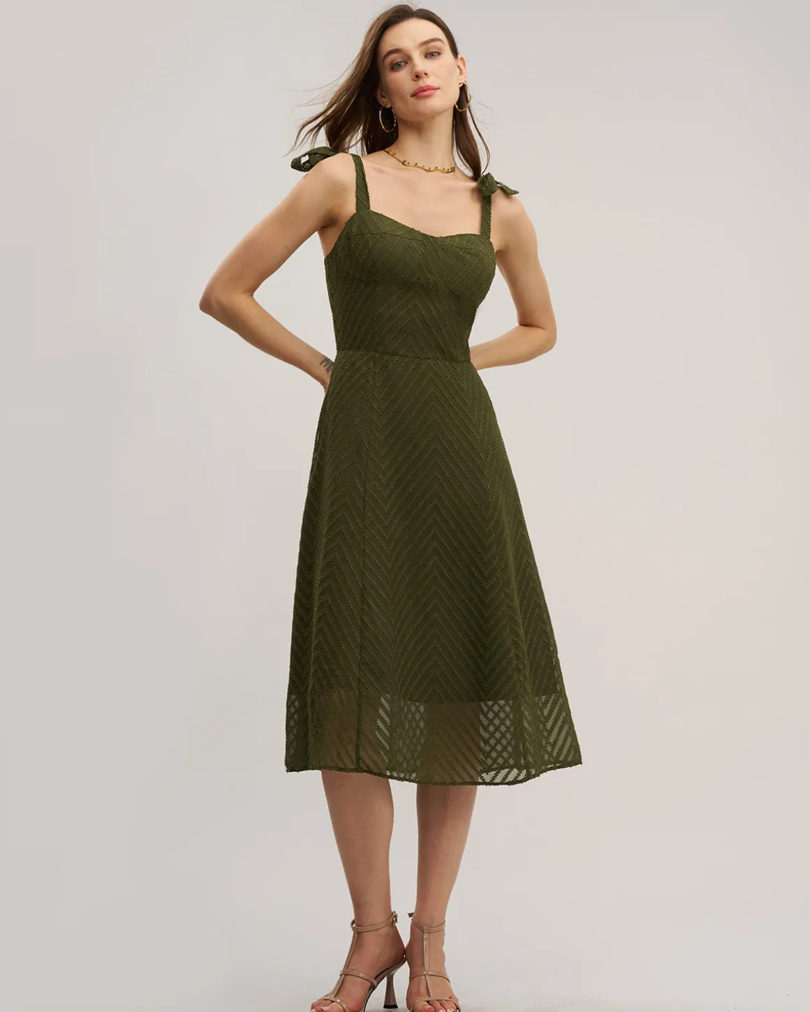 Green Sweetheart Neck Tie Strap Midi Dress