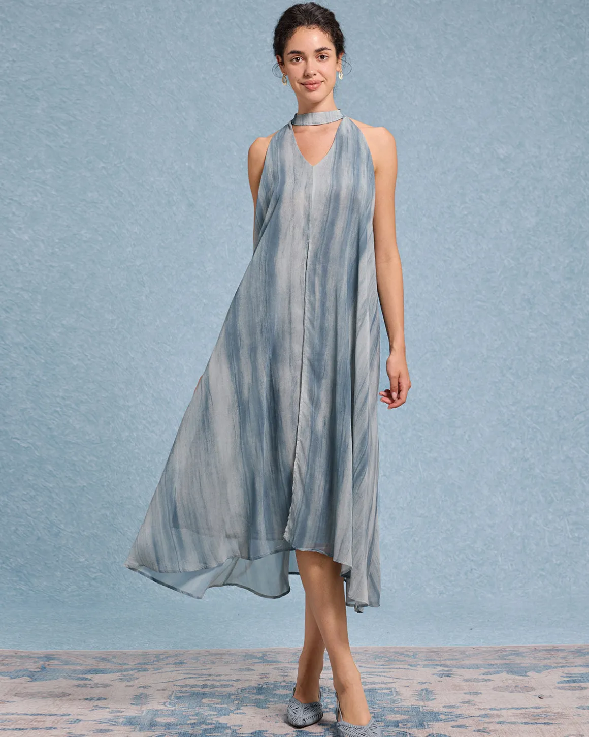 Green Tie Dye V Neck Sleeveless Midi Dress