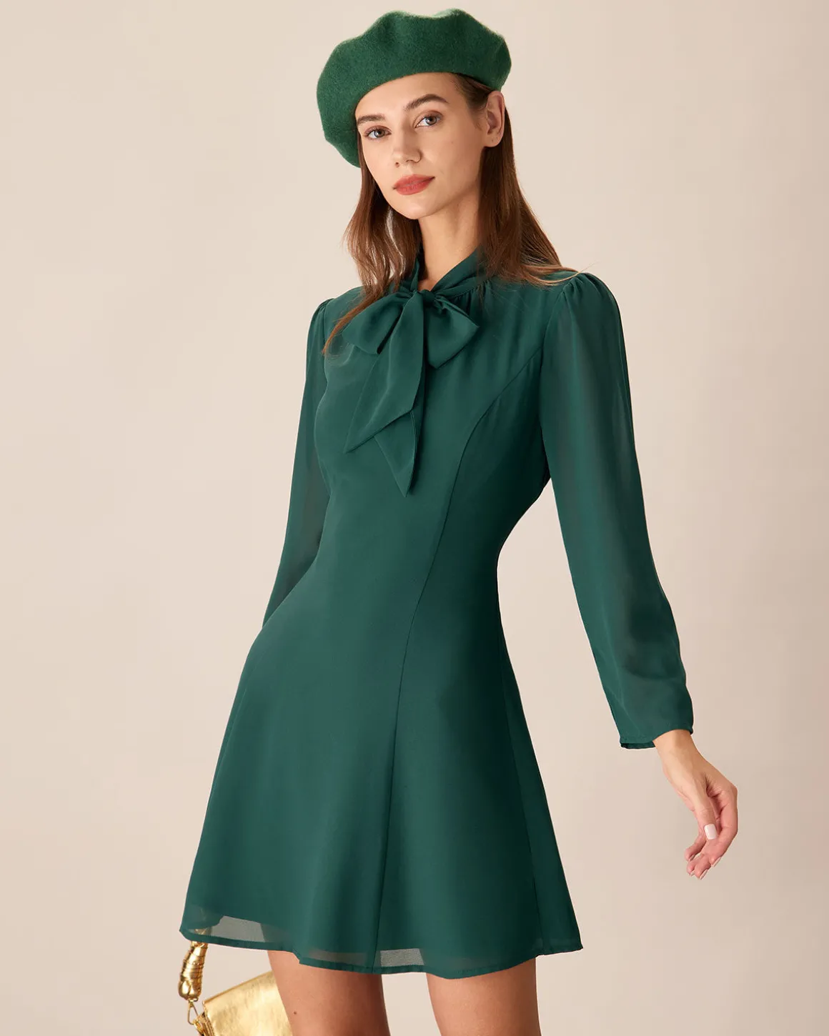 Green Tie Neck See-Through Mini Dress