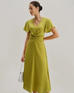 Green V Neck Ruffle Sleeve Midi Dress