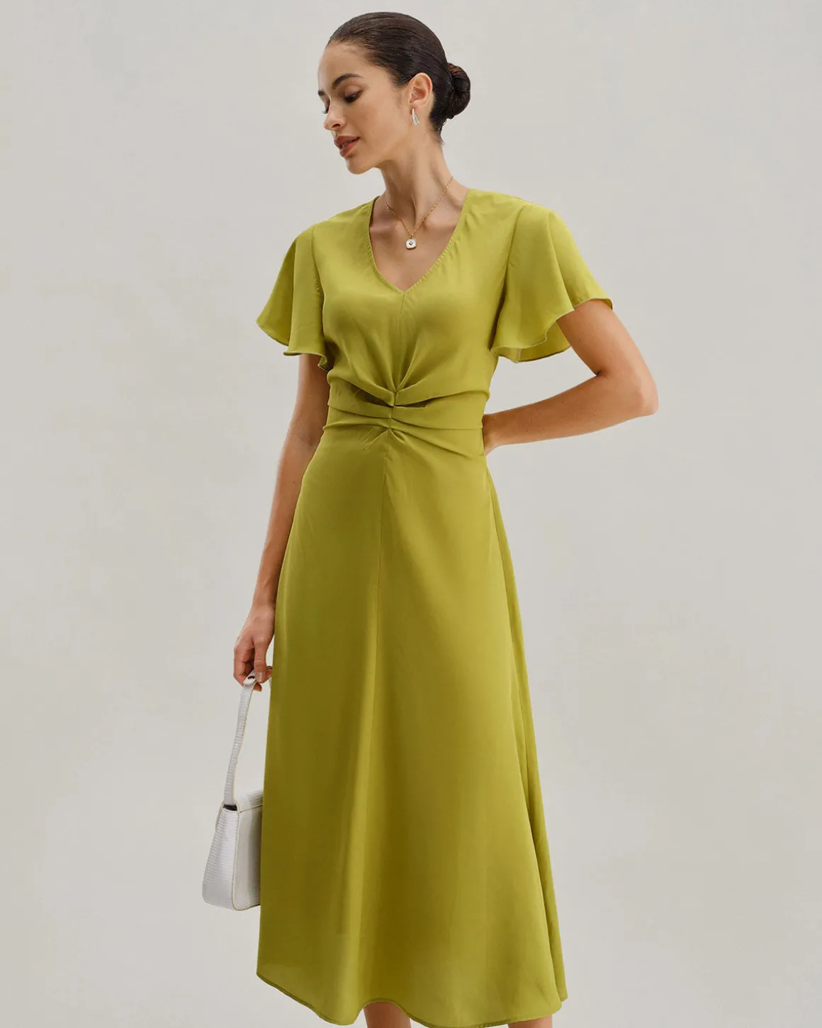 Green V Neck Ruffle Sleeve Midi Dress