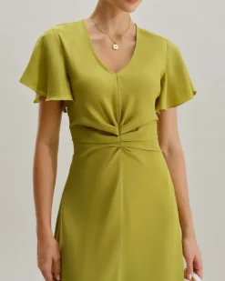 Green V Neck Ruffle Sleeve Midi Dress