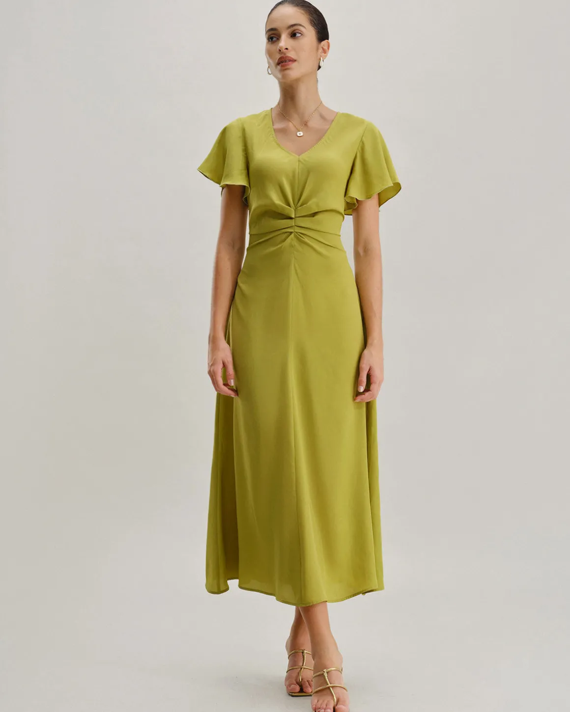 Green V Neck Ruffle Sleeve Midi Dress