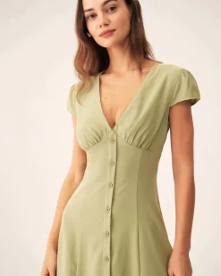 Green V-Neck Button Midi Dress