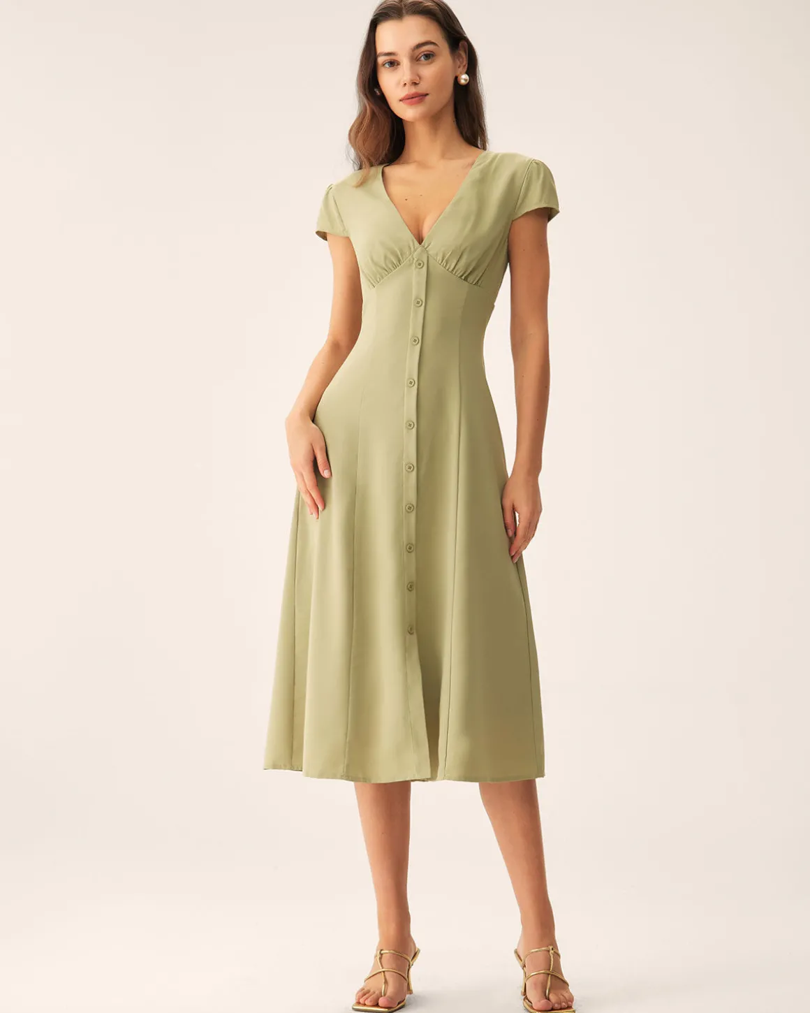 Green V-Neck Button Midi Dress