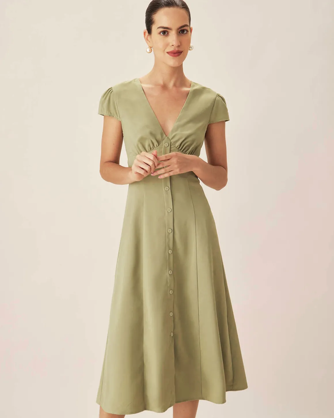 Green V-Neck Button Midi Dress