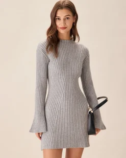 Grey Crew Neck Bell Sleeve Sweater Dress