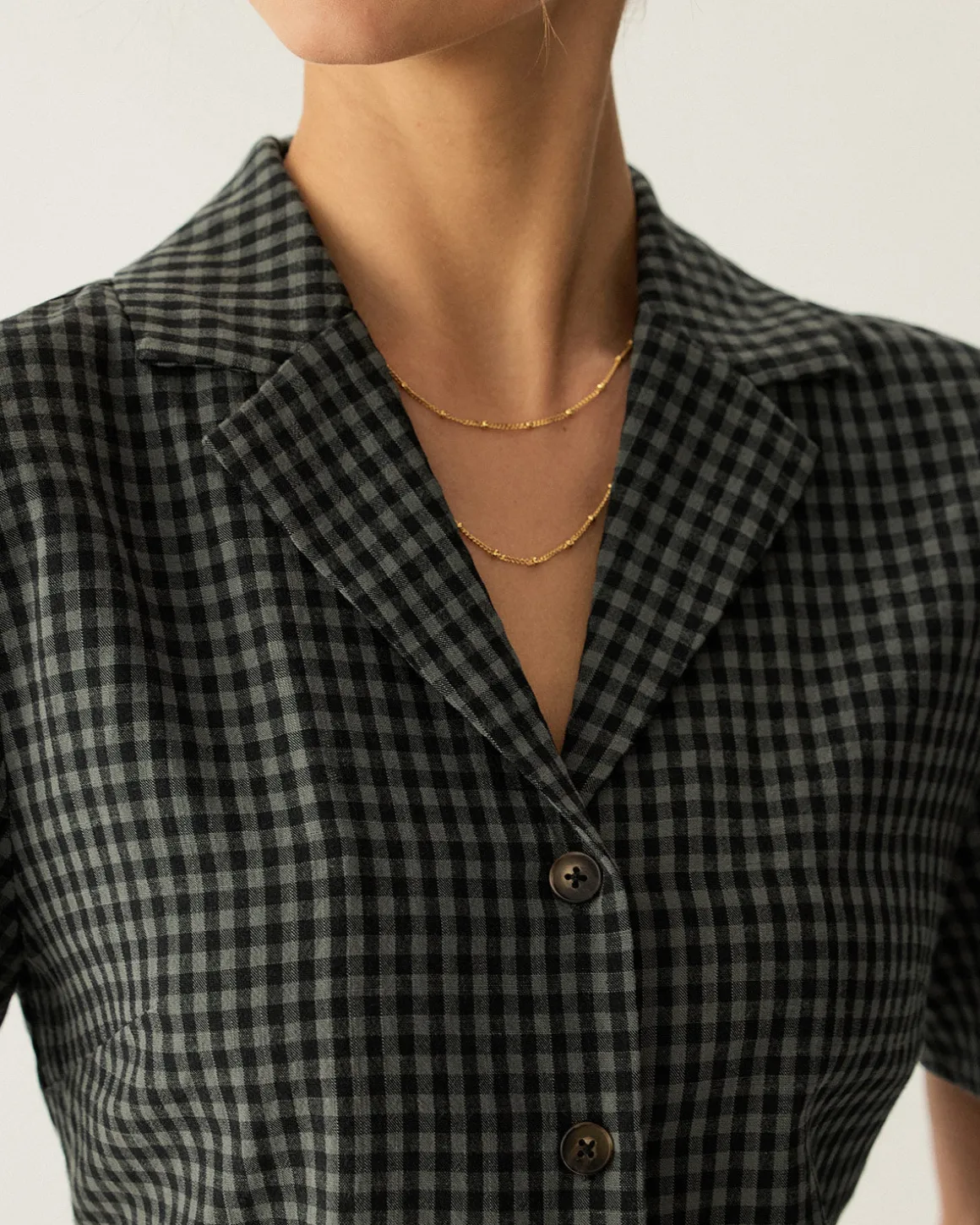 Grey Lapel Plaid Short Sleeve Blouse