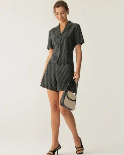 Grey Lapel Plaid Short Sleeve Blouse