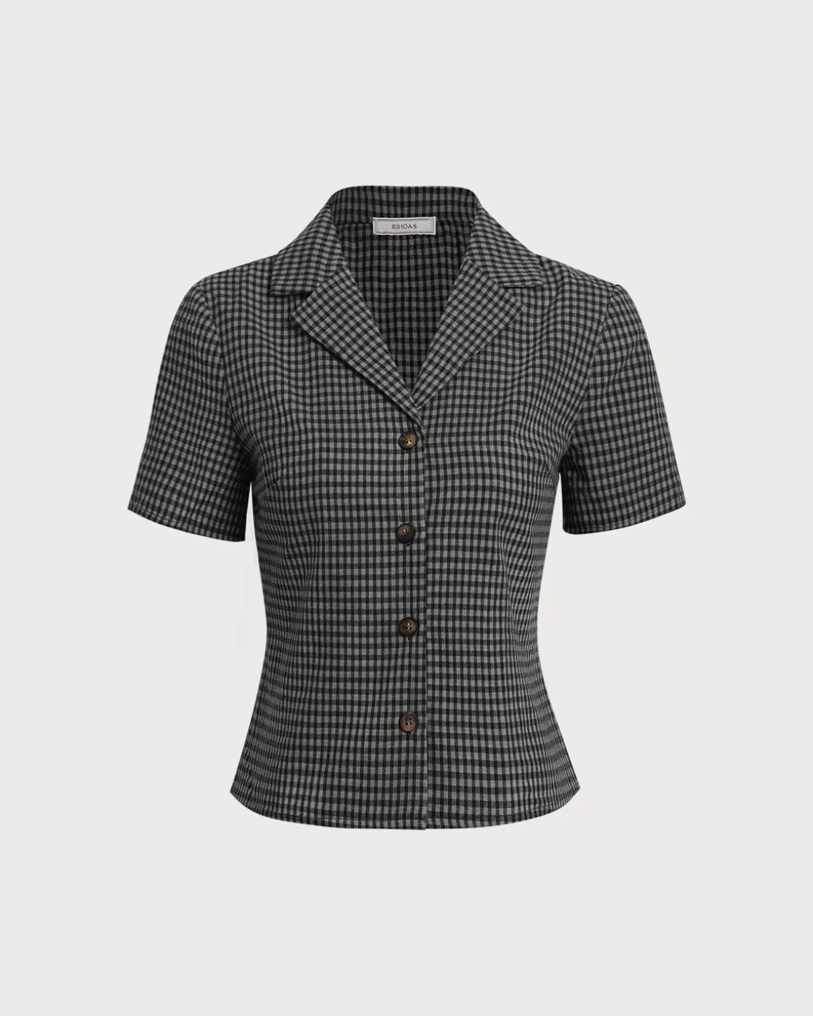 Grey Lapel Plaid Short Sleeve Blouse