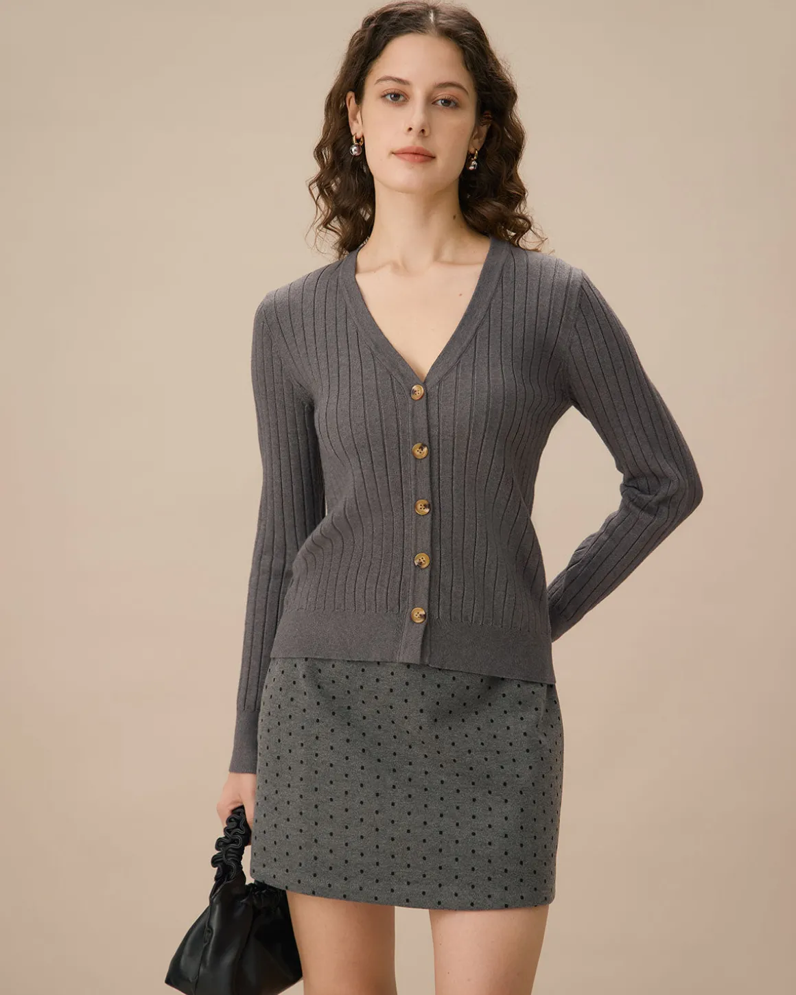 Grey V-Neck Single-breasted Cardigan