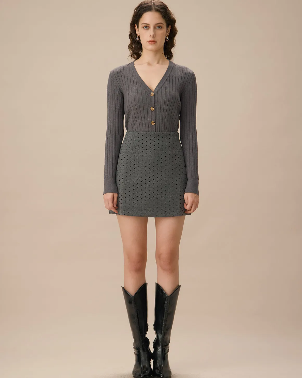 Grey V-Neck Single-breasted Cardigan
